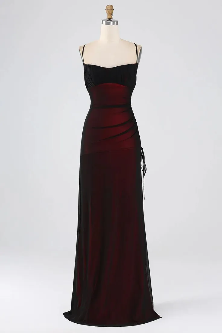 JazzHer Elegant Mermaid Spaghetti Straps Burgundy Black Tulle Long Prom Dresses Party Dress (PRE-ORDER)