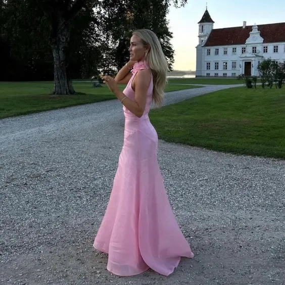 JazzHer Gorgeous Mermaid High Neckline Pink Slit Tulle Long Prom Dresses Evening Dress (PRE-ORDER)