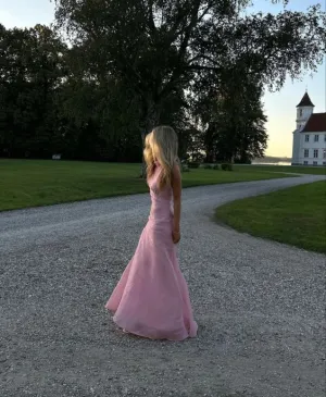 JazzHer Gorgeous Mermaid High Neckline Pink Slit Tulle Long Prom Dresses Evening Dress (PRE-ORDER)