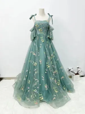 JazzHer Lace Prom Dresses Spaghetti Strap Short Puff Sleeves Long Prom Dress (PRE-ORDER)