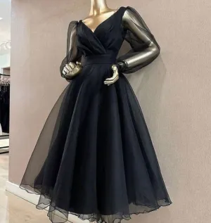JazzHer Modest A Line V Neckline Long Sleeves Black Tulle Prom Dresses Evening Dress (PRE-ORDER)