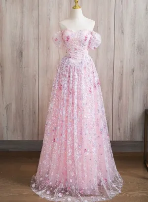 JazzHer Pink Lace A-line Sweetheart Off Shoulder Simple Prom Dress Pink Lace Prom Dresses (PRE-ORDER)