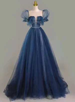 JazzHer Pretty A Line Short Puffy Sleeves Navy Blue Long Evening Dress Prom Dresses With Beads (PRE-ORDER)
