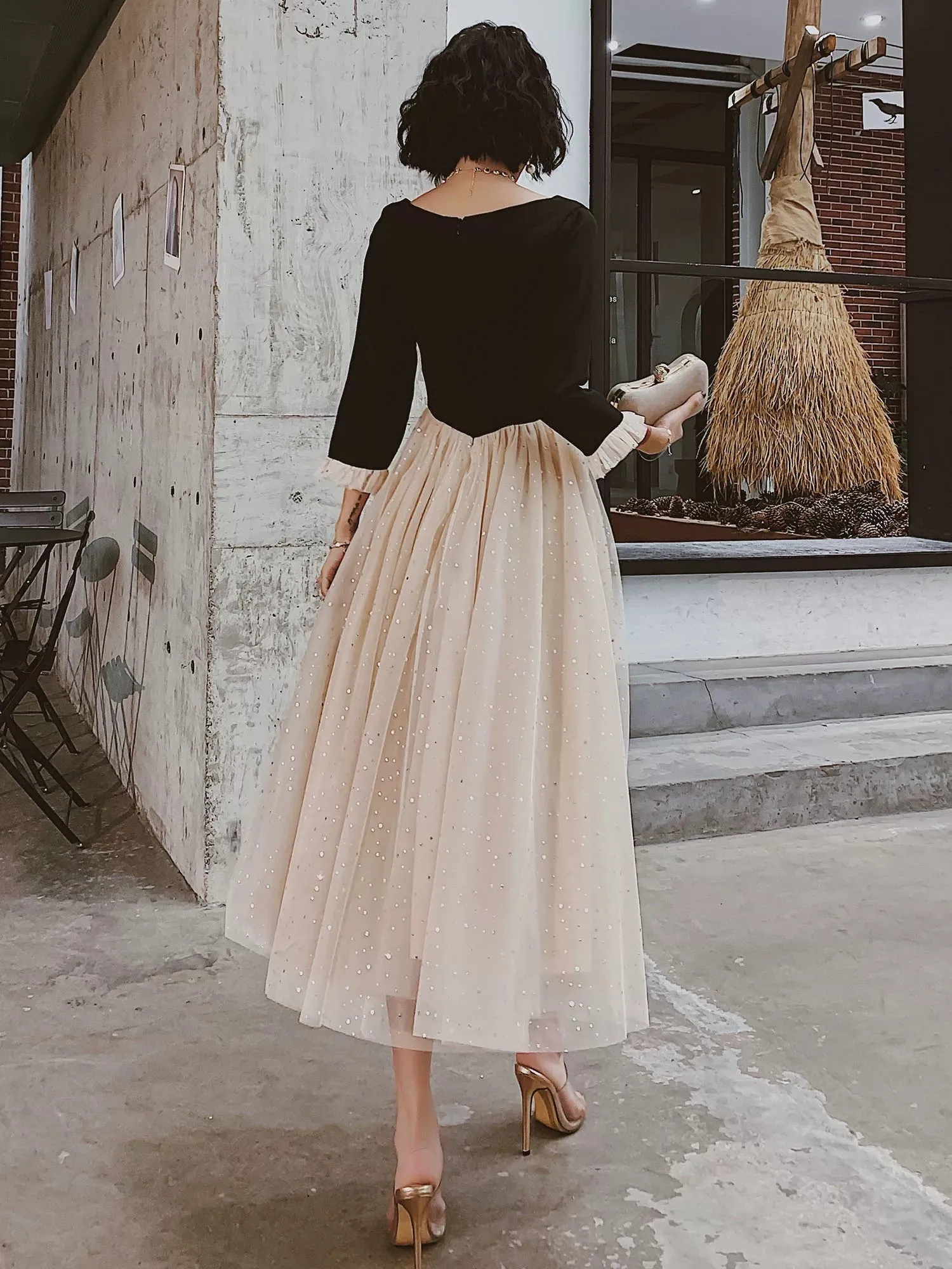 JazzHer Pretty A line Square Neckline Long Sleeves Black Prom Dresses Party Evening Dress (PRE-ORDER)