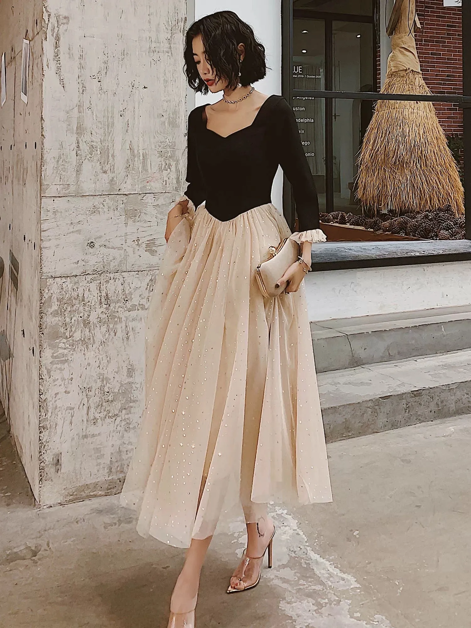 JazzHer Pretty A line Square Neckline Long Sleeves Black Prom Dresses Party Evening Dress (PRE-ORDER)