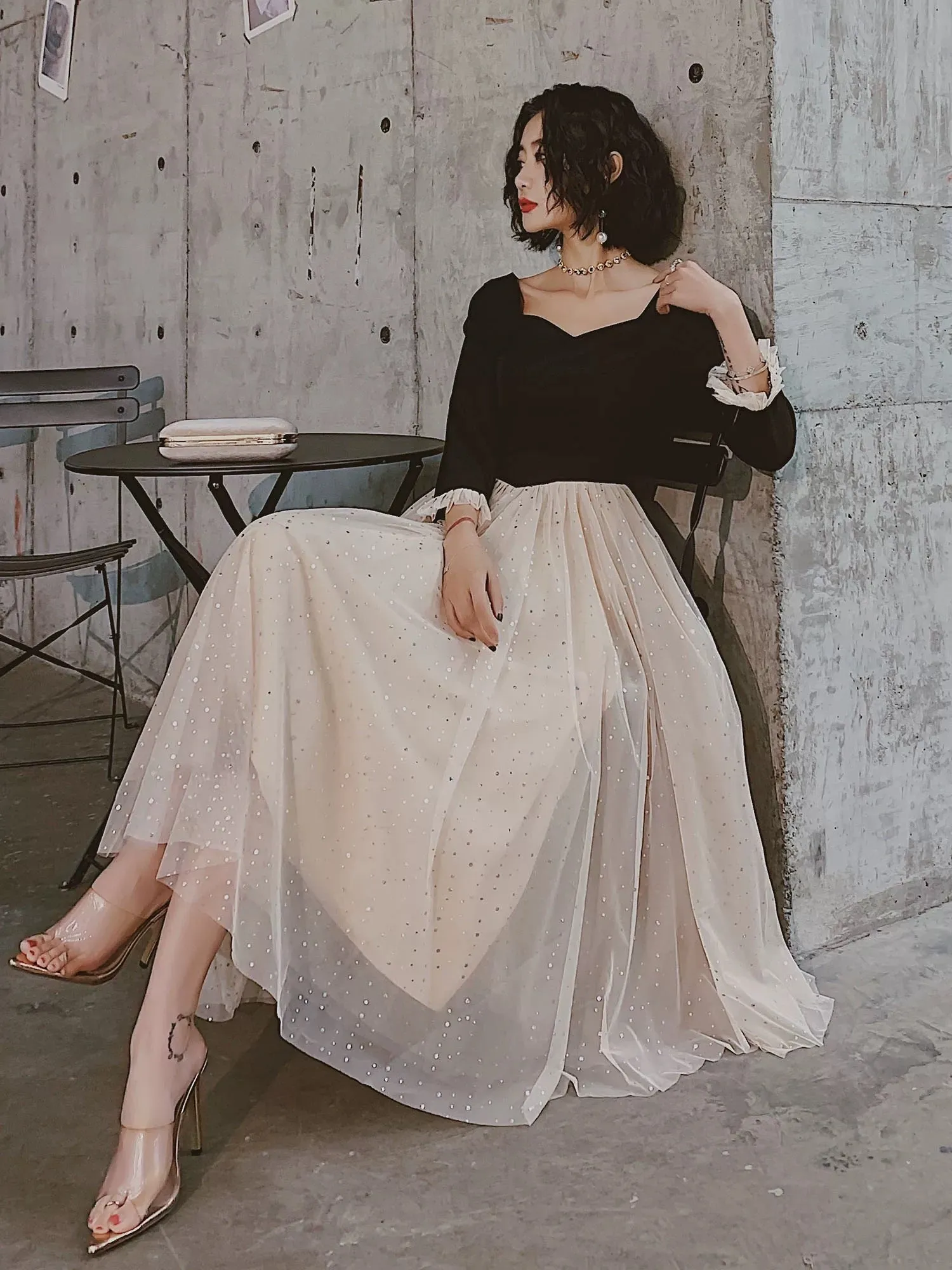 JazzHer Pretty A line Square Neckline Long Sleeves Black Prom Dresses Party Evening Dress (PRE-ORDER)