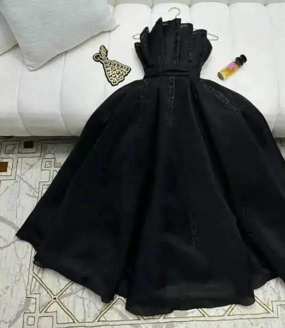 JazzHer Pretty A line Strapless Black Tulle Prom Dress Evening Dresses With Beads (PRE-ORDER)