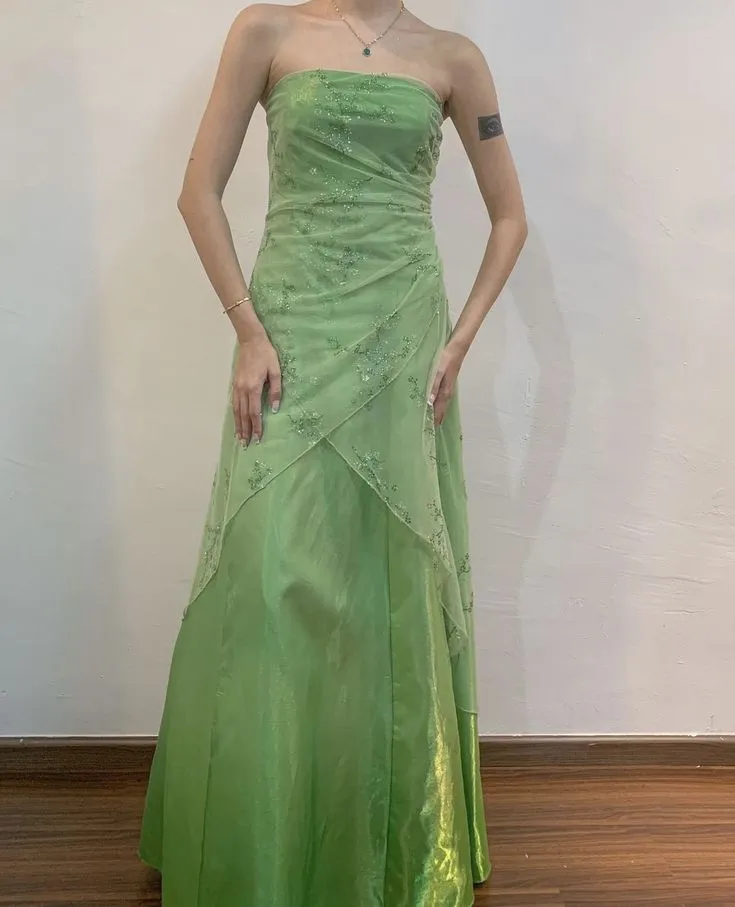 JazzHer Pretty A Line Strapless Green Tulle Ruffles Long Prom Dress Evening Dresses (PRE-ORDER)