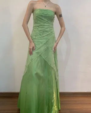 JazzHer Pretty A Line Strapless Green Tulle Ruffles Long Prom Dress Evening Dresses (PRE-ORDER)