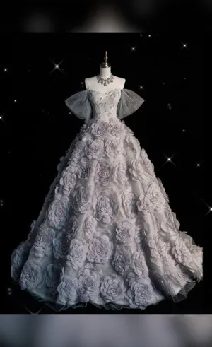 JazzHer Pretty Ball Gown Off The Shoulder Gray Tulle Flowers Evening Dress Prom Dresses (PRE-ORDER)