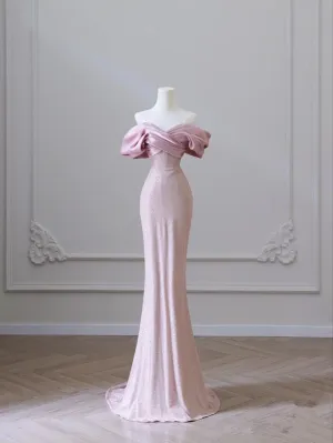 JazzHer Pretty Sheath Off The Shoulder Pink Long Evening Dress Prom Dresses With Pleated (PRE-ORDER)
