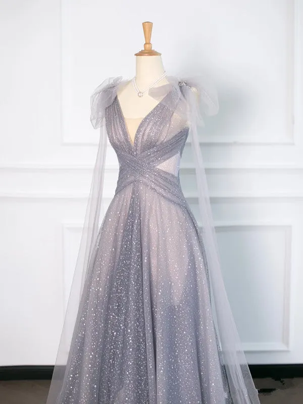JazzHer Simple A Line Spaghetti Straps Tulle Gray Prom Dresses Party Evening Dress (PRE-ORDER)