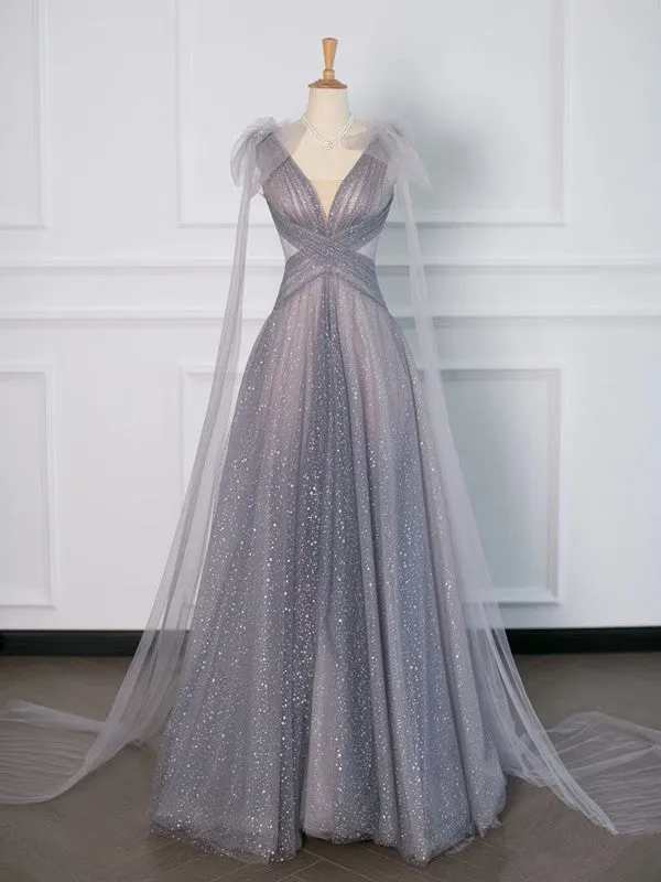 JazzHer Simple A Line Spaghetti Straps Tulle Gray Prom Dresses Party Evening Dress (PRE-ORDER)