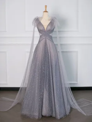 JazzHer Simple A Line Spaghetti Straps Tulle Gray Prom Dresses Party Evening Dress (PRE-ORDER)