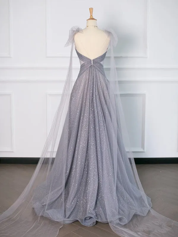 JazzHer Simple A Line Spaghetti Straps Tulle Gray Prom Dresses Party Evening Dress (PRE-ORDER)