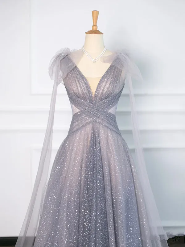 JazzHer Simple A Line Spaghetti Straps Tulle Gray Prom Dresses Party Evening Dress (PRE-ORDER)