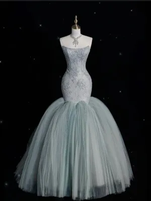 JazzHer Vintage Mermaid Strapless Tulle Gray Long Evening Dress Prom Dresses With Lace (PRE-ORDER)