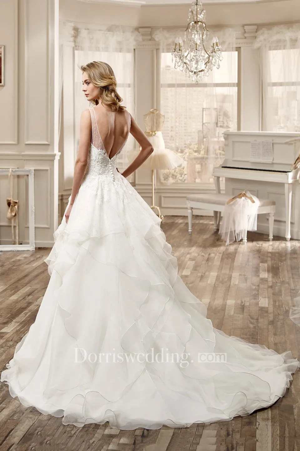 Jewel-Neck High-Low Wedding Dress With Cascading Ruffles And Beaded Bodice-MK_701400
