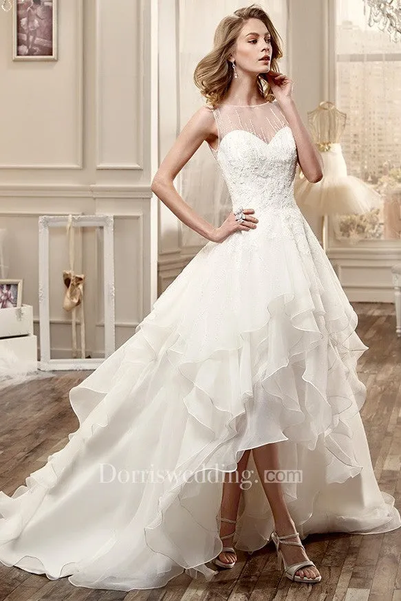 Jewel-Neck High-Low Wedding Dress With Cascading Ruffles And Beaded Bodice-MK_701400