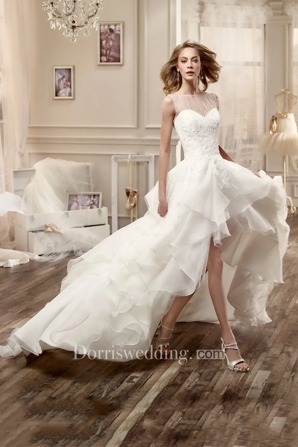 Jewel-Neck High-Low Wedding Dress With Cascading Ruffles And Beaded Bodice-MK_701400