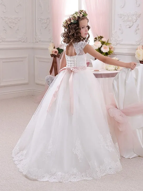 Jewel Neck Short Sleeves Sash Kids Princess Dresses