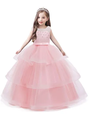 Jewel Neck Tulle Sleeveless Ankle Length Princess Kids Social Party Dresses