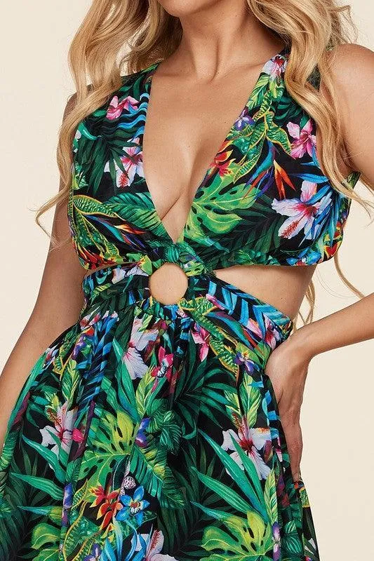 Jungle garden print V-neck mini dress