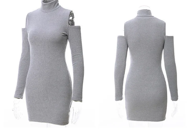 Kaywide Arrival Rib Winter Dress Women Turtleneck Off The Shoulder Dresses Full Sleeve Elegant Bodycon Sweater Dress