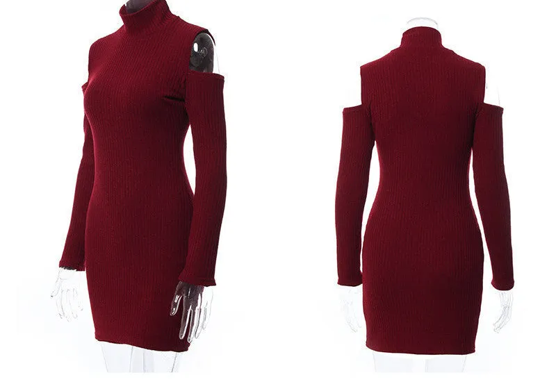 Kaywide Arrival Rib Winter Dress Women Turtleneck Off The Shoulder Dresses Full Sleeve Elegant Bodycon Sweater Dress