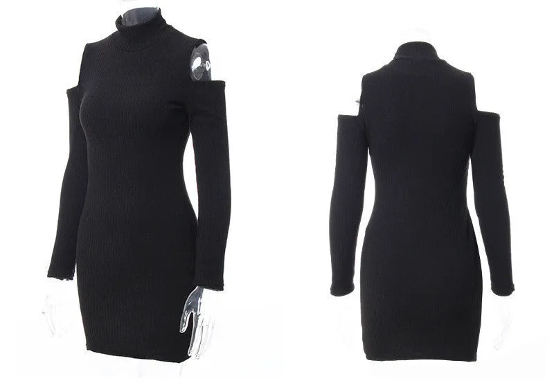 Kaywide Arrival Rib Winter Dress Women Turtleneck Off The Shoulder Dresses Full Sleeve Elegant Bodycon Sweater Dress
