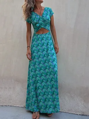 Khaleesi - Stretch maxi dress with short sleeves, hollow floral print and reversible, U-neckline