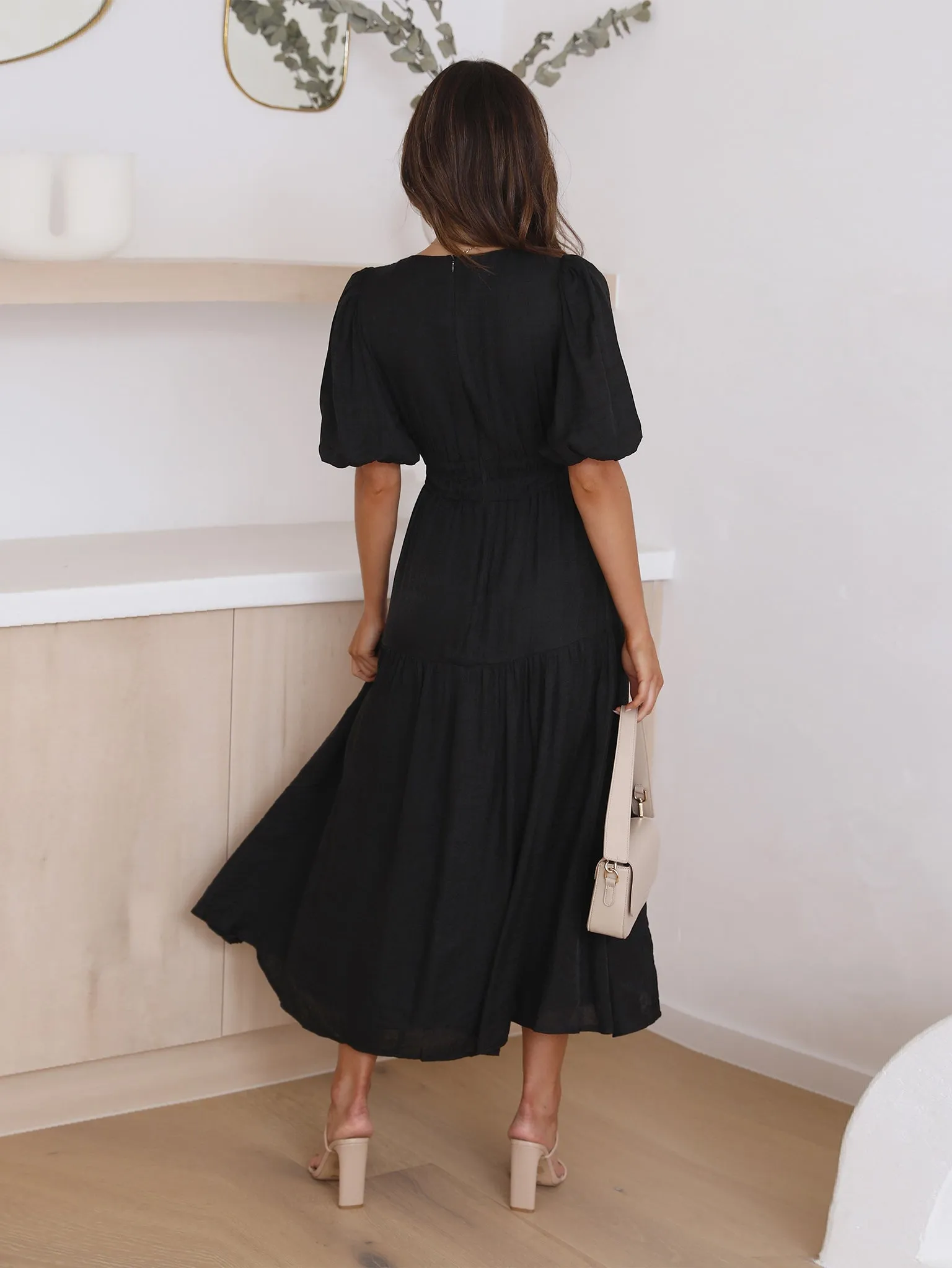 Kimona Smocked Short Sleeve Maxi Dress - Black