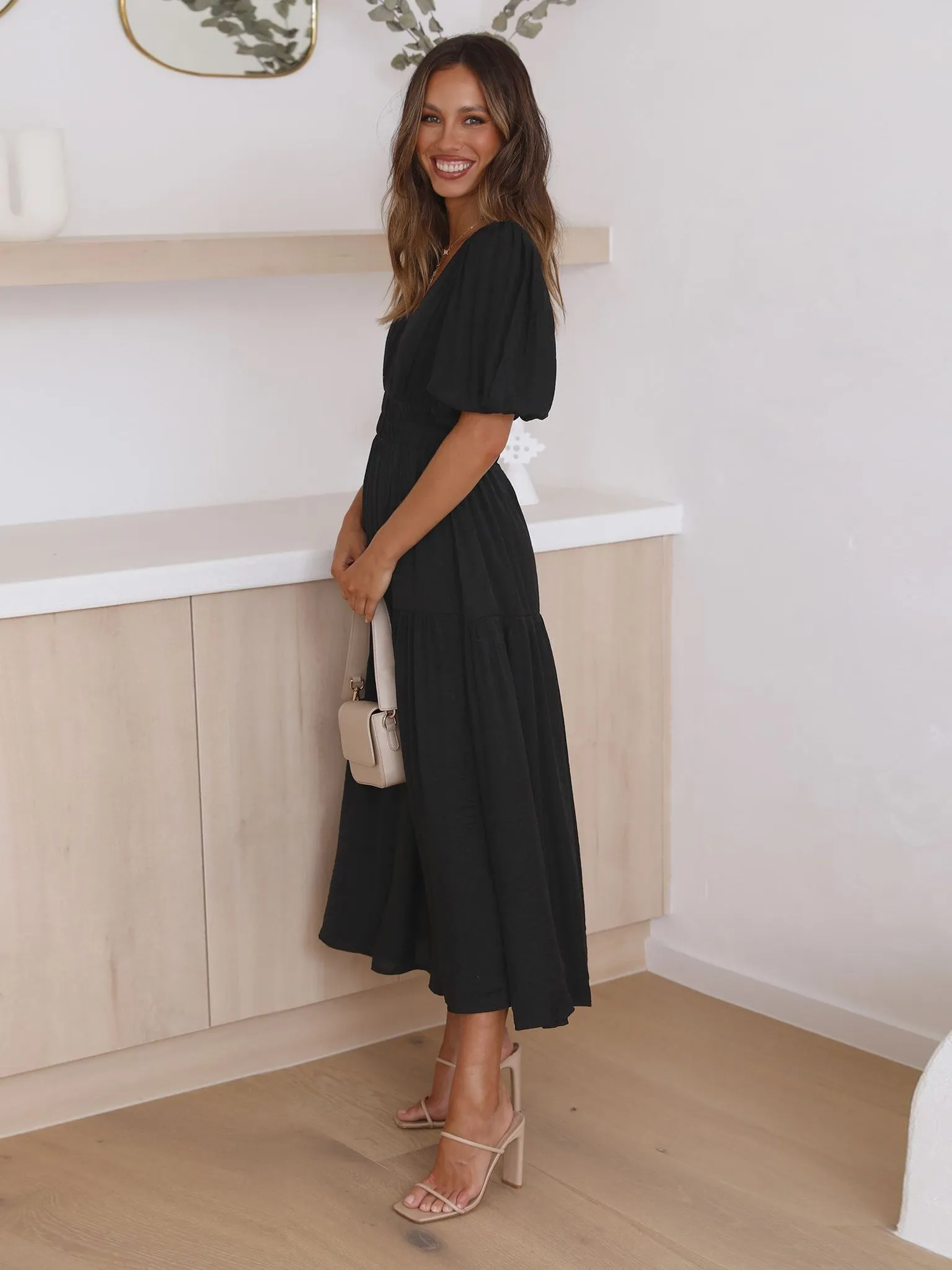 Kimona Smocked Short Sleeve Maxi Dress - Black