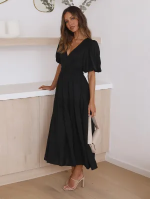 Kimona Smocked Short Sleeve Maxi Dress - Black
