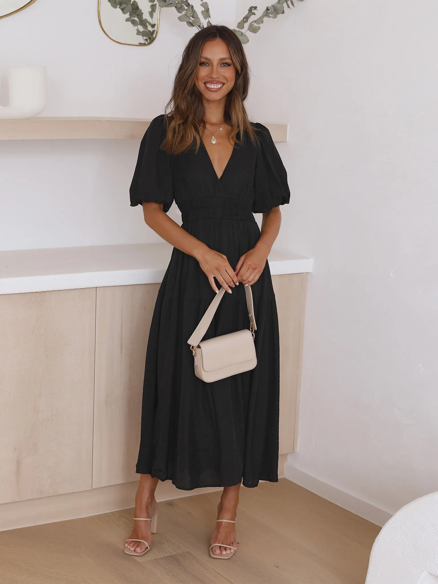 Kimona Smocked Short Sleeve Maxi Dress - Black