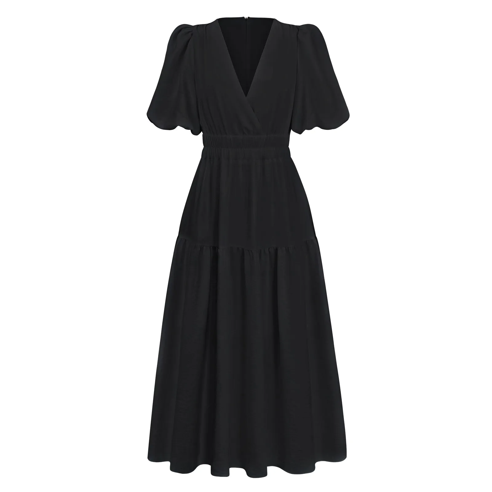 Kimona Smocked Short Sleeve Maxi Dress - Black