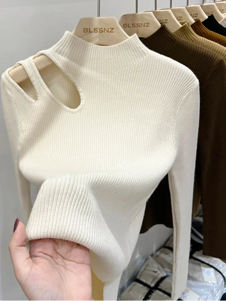 Knit Aura™ | Women's Hollow-Out Turtleneck Sweater | Soft Ribbed Knit, Warm Autumn/Winter Pullover