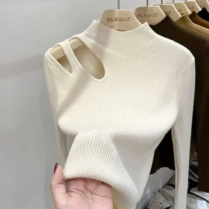 Knit Aura™ | Women's Hollow-Out Turtleneck Sweater | Soft Ribbed Knit, Warm Autumn/Winter Pullover