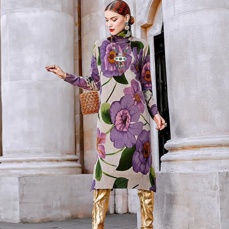 Knited Dress Casual Floral Turtleneck Sweater Dress  Vintage
