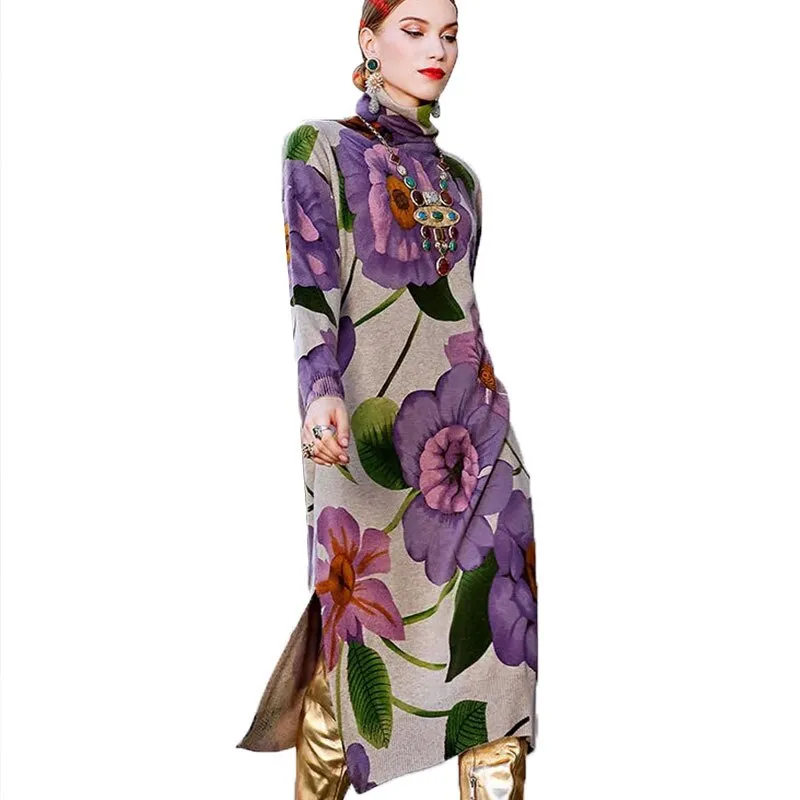 Knited Dress Casual Floral Turtleneck Sweater Dress  Vintage