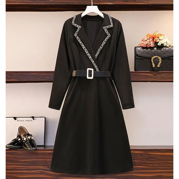 L-5XL Plus Size Vintage Long Sleeve Tweed Black Dress