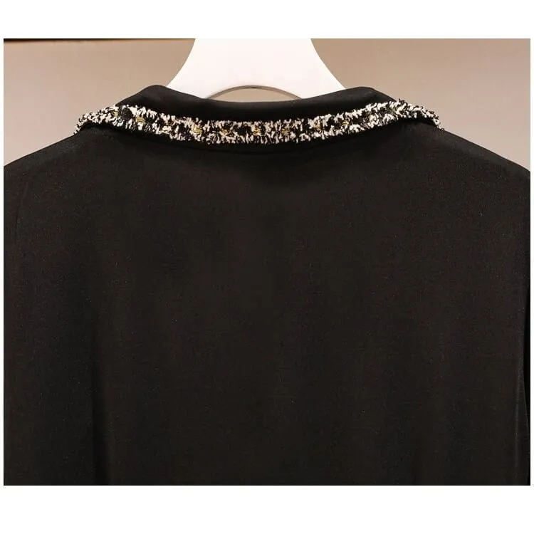 L-5XL Plus Size Vintage Long Sleeve Tweed Black Dress