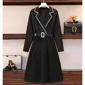 L-5XL Plus Size Vintage Long Sleeve Tweed Black Dress