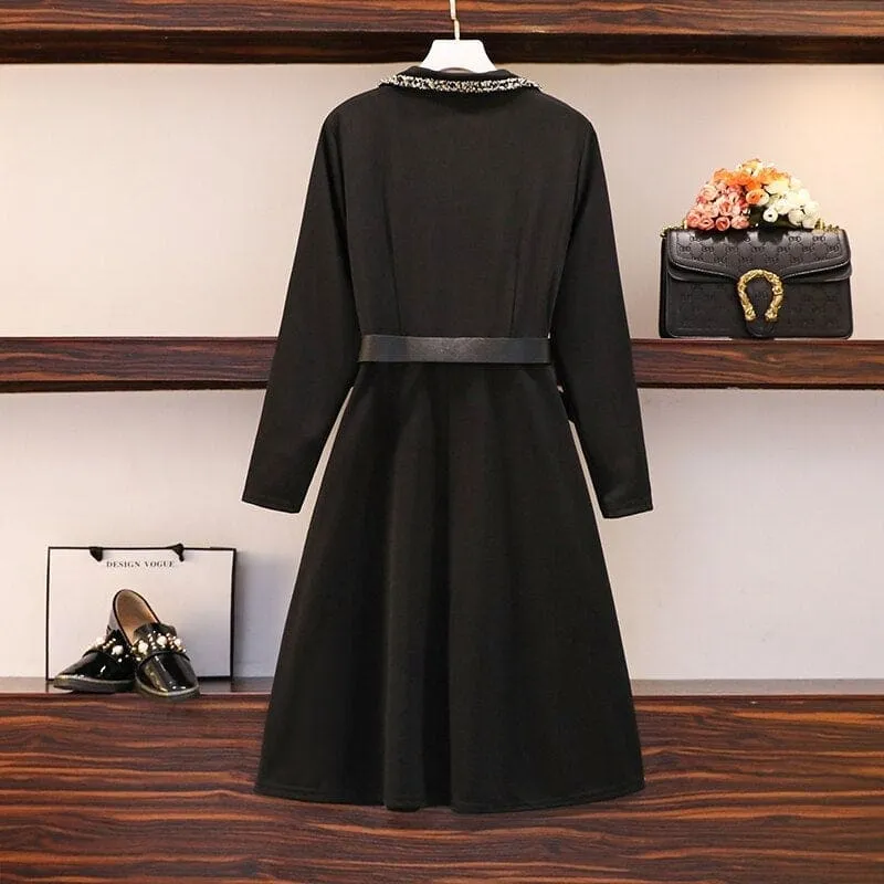 L-5XL Plus Size Vintage Long Sleeve Tweed Black Dress