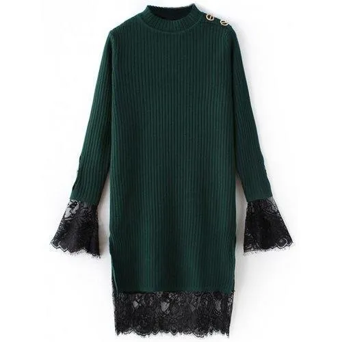 Lace Panel Ribbed Layered Sweater Dress - Green One Size