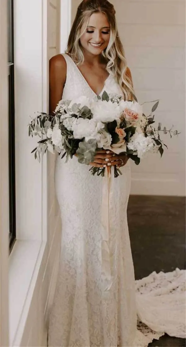 Lace Sheath V-neck Backless Wedding Dresses With Train, Bridal Gowns, MW777