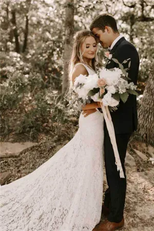 Lace Sheath V-neck Backless Wedding Dresses With Train, Bridal Gowns, MW777