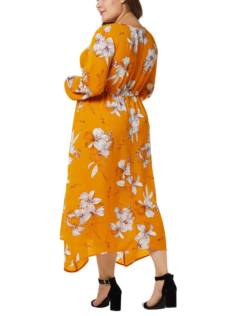 Large Size Women's Chiffon Print Dress Lantern Sleeve High Waist Irregular Large Swing Fat Mm Dress