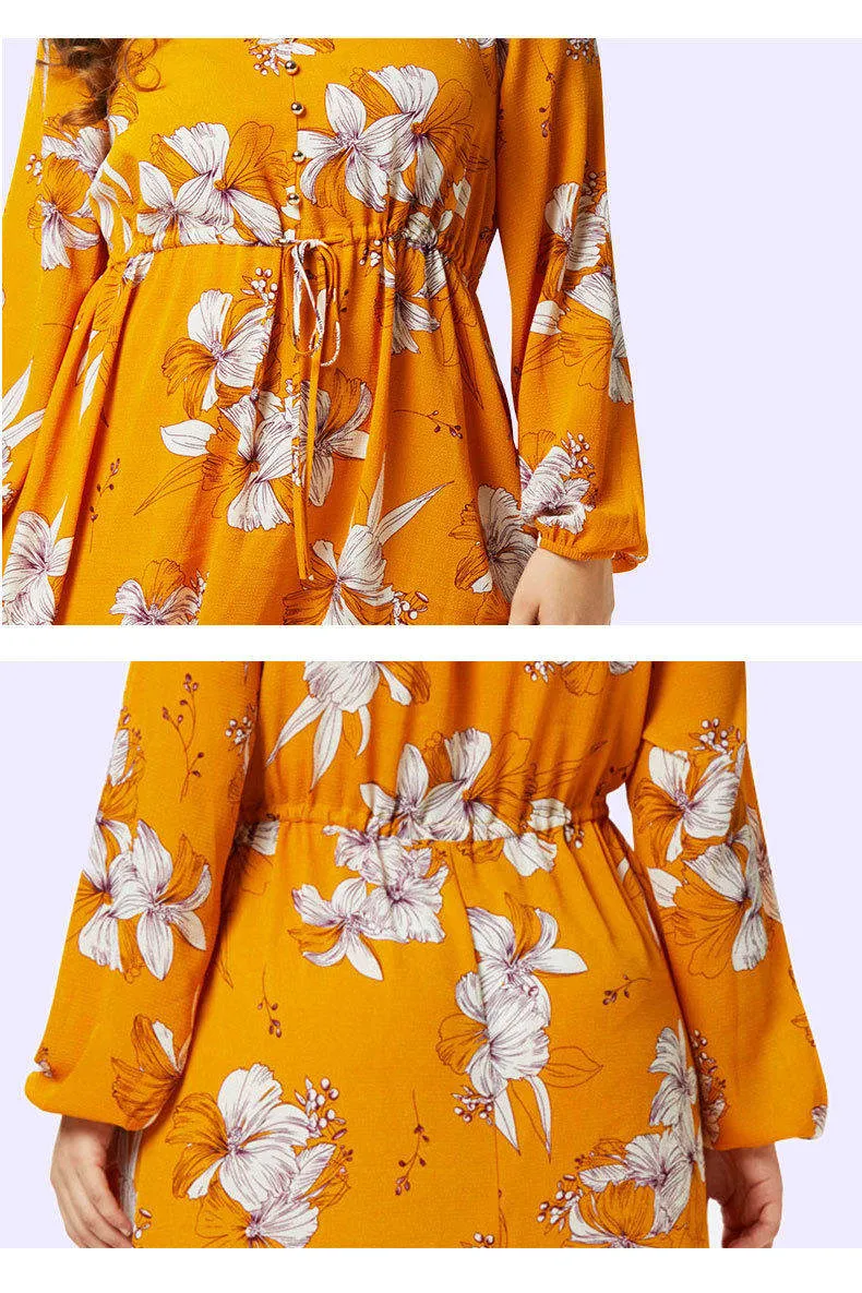 Large Size Women's Chiffon Print Dress Lantern Sleeve High Waist Irregular Large Swing Fat Mm Dress