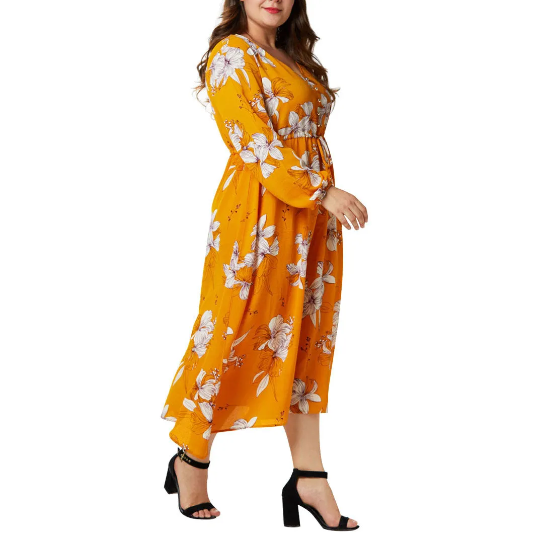 Large Size Women's Chiffon Print Dress Lantern Sleeve High Waist Irregular Large Swing Fat Mm Dress